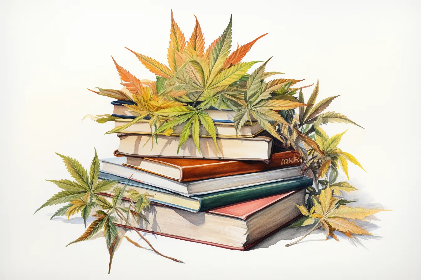 Cannabis, eine Pflanze mit vielen Namen, überdeckt bunte Bücher, die das Lesen fesselnd machen.